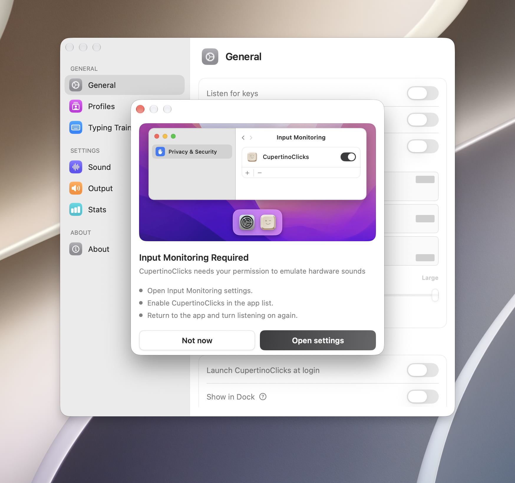 CupertinoClicks Input Monitoring Required dialog with steps to enable the app in System Settings