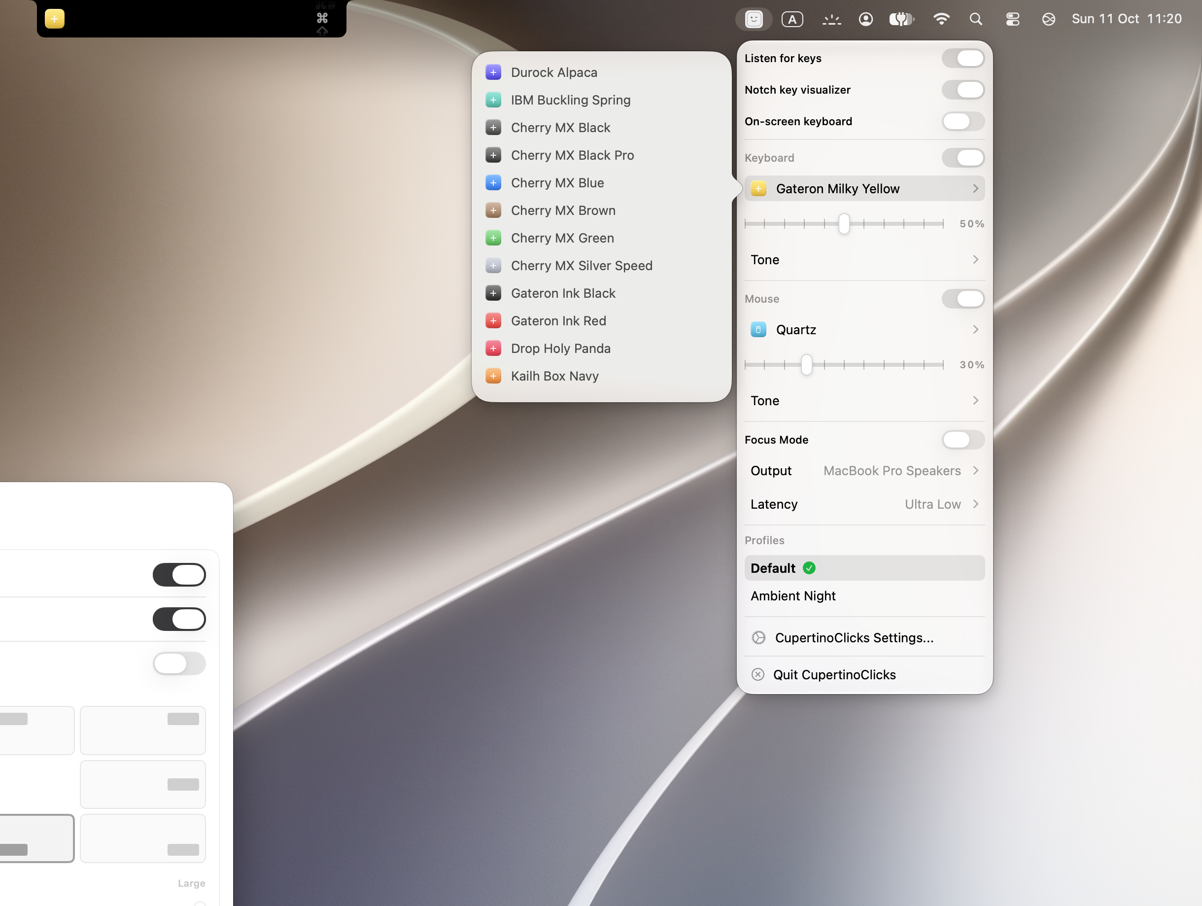 CupertinoClicks menu bar panel with listening, presets, Focus Mode, output, and latency