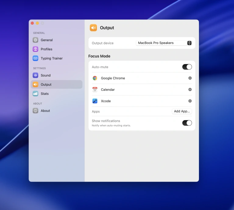 CupertinoClicks Settings Output tab with device and latency controls