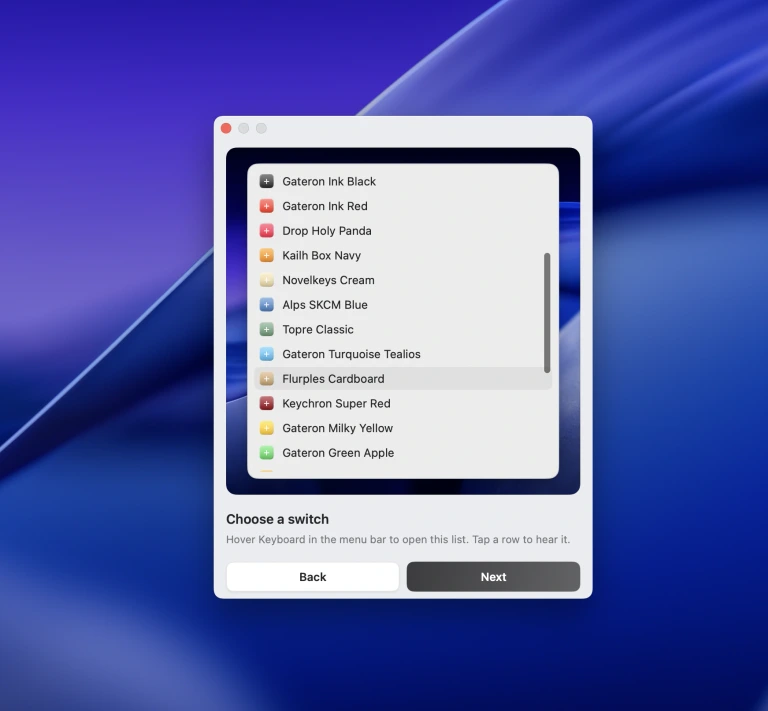 CupertinoClicks Getting Started step for choosing a keyboard switch preset