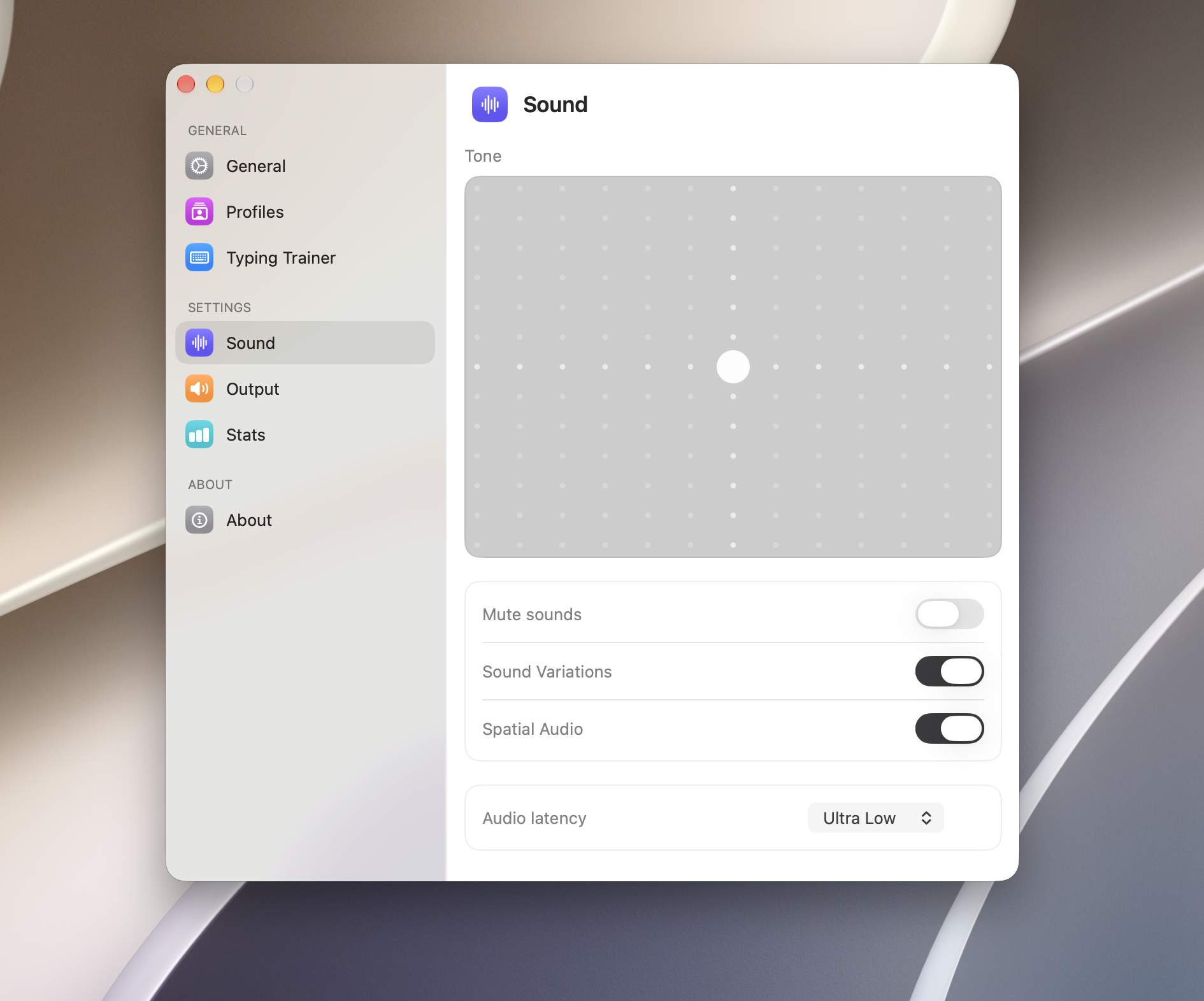 CupertinoClicks Settings Sound tab with Tone Pad, Spatial Audio, and latency controls