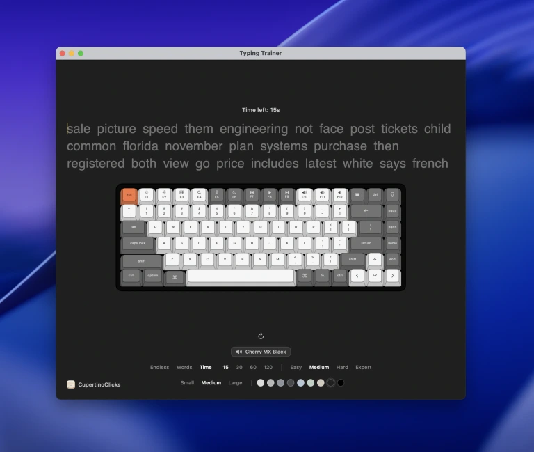 CupertinoClicks built-in typing trainer with live WPM