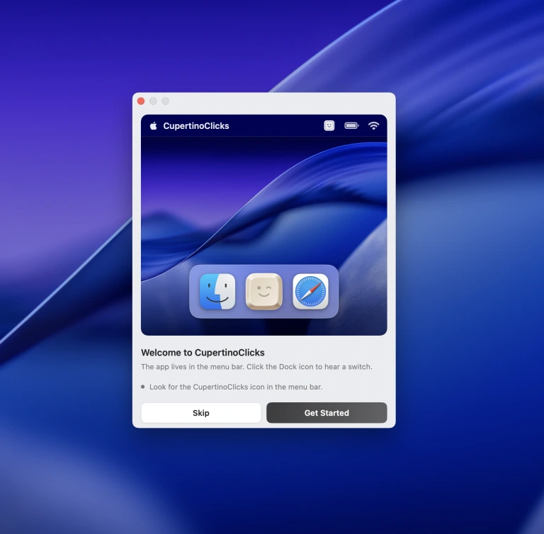 CupertinoClicks Getting Started welcome window showing the menu bar icon